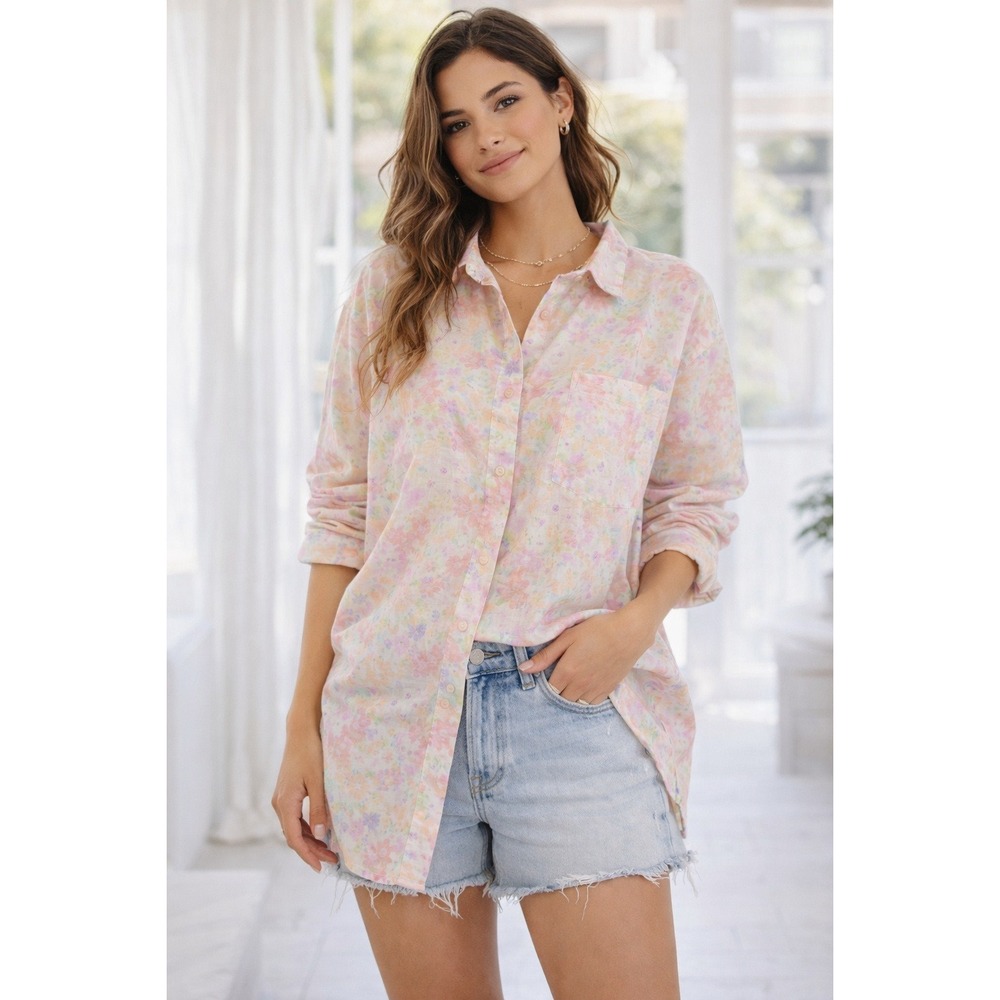 For Love & Lemons Kennedy Floral Button Down Shirt Pink‎ Relaxed Small